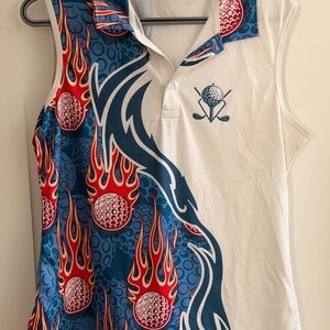 Women’s Sleeveless Muscle Tee in White and Blue with Flame Golf Motif